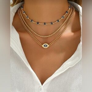 Gold Tone Evil Eye Layered Necklace Set 3PC Cuban Chain Stack
